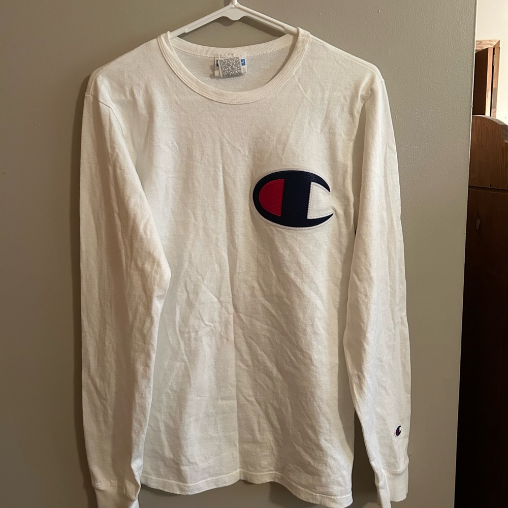 Champion White Long Sleeve with Red and Blue Logo